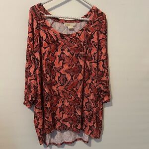 Michael Kors Blouse Top Womens 3X Orange Python Print 3/4 Sleeve Round Neck